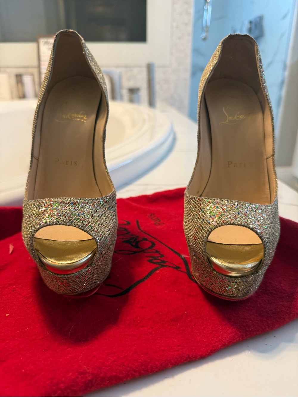 Christian Louboutin Gold Glitter Peep-Toe Platform Pumps with Metallic Accents